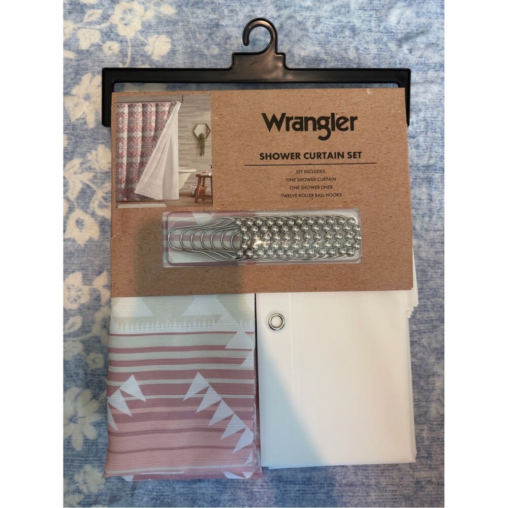 Wrangler Pink White Striped Aztec Shower Curtain Set